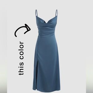 Blue Midi Satin Dress With Slit